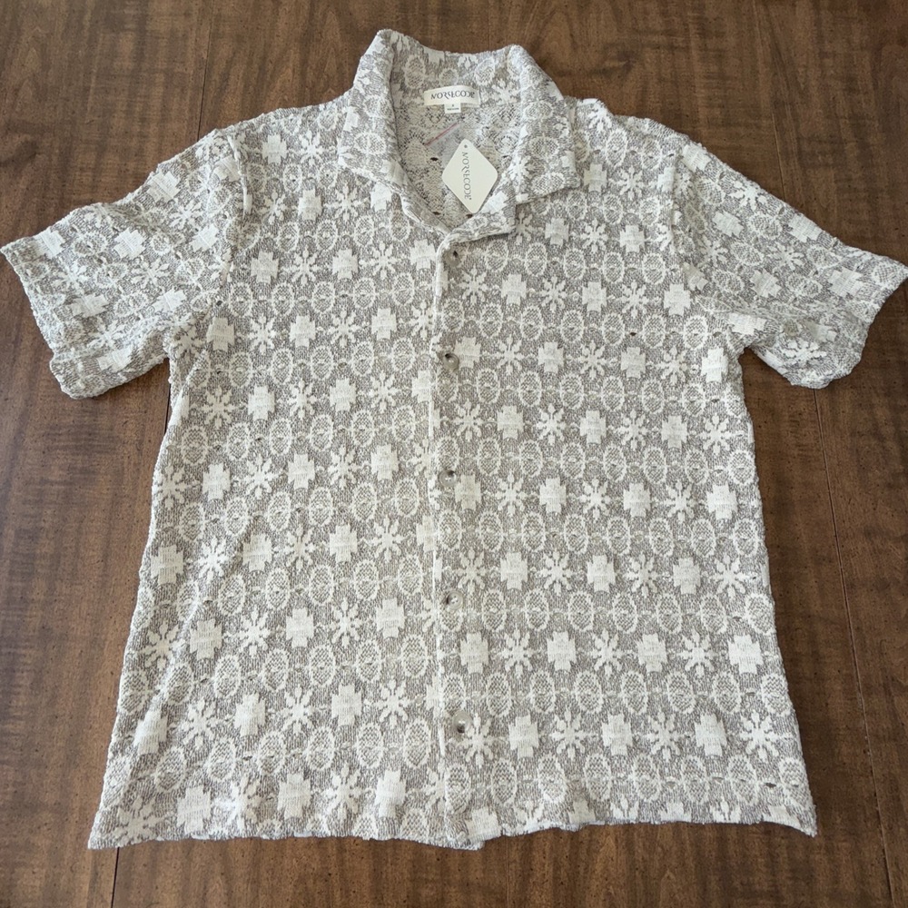 Morse Code‎ Mens Knit Crochet Button Up Short Sleeve Polo Size Medium Beige